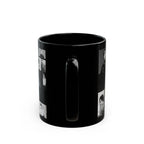 Black mug with collage of black and white images of Jimin from Bts on a white background