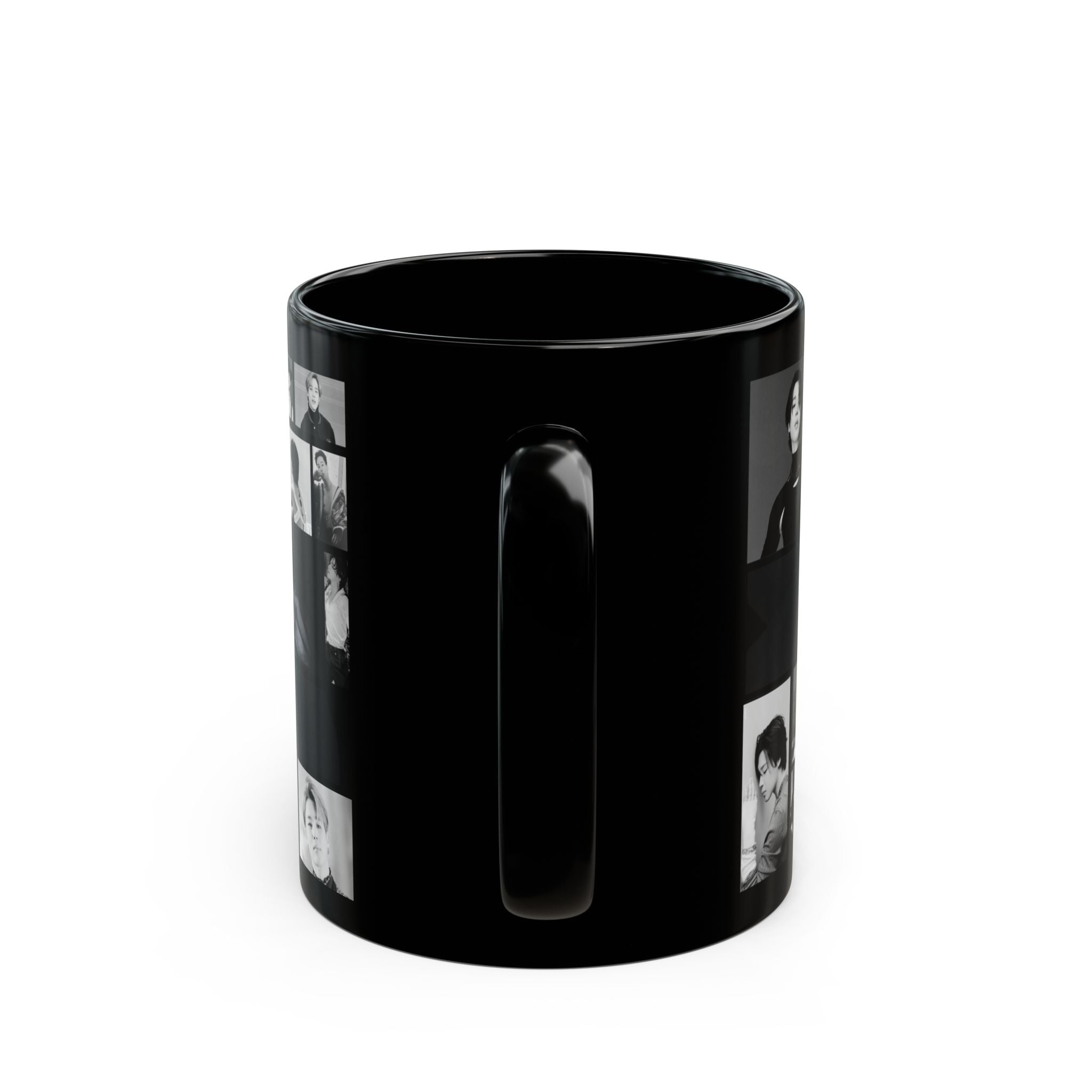 Black mug with collage of black and white images of Jimin from Bts on a white background