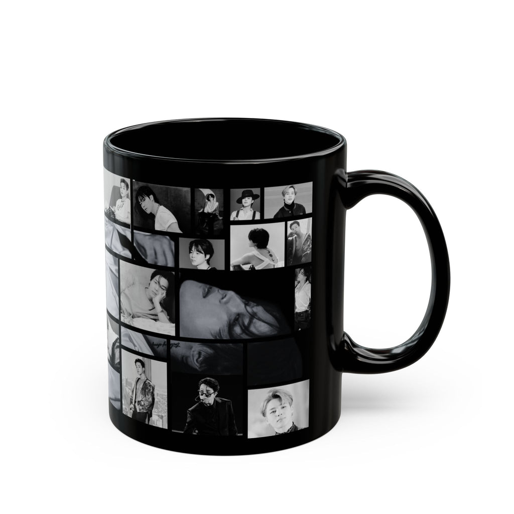 Black mug with collage of black and white images of Jimin from Bts on a white background