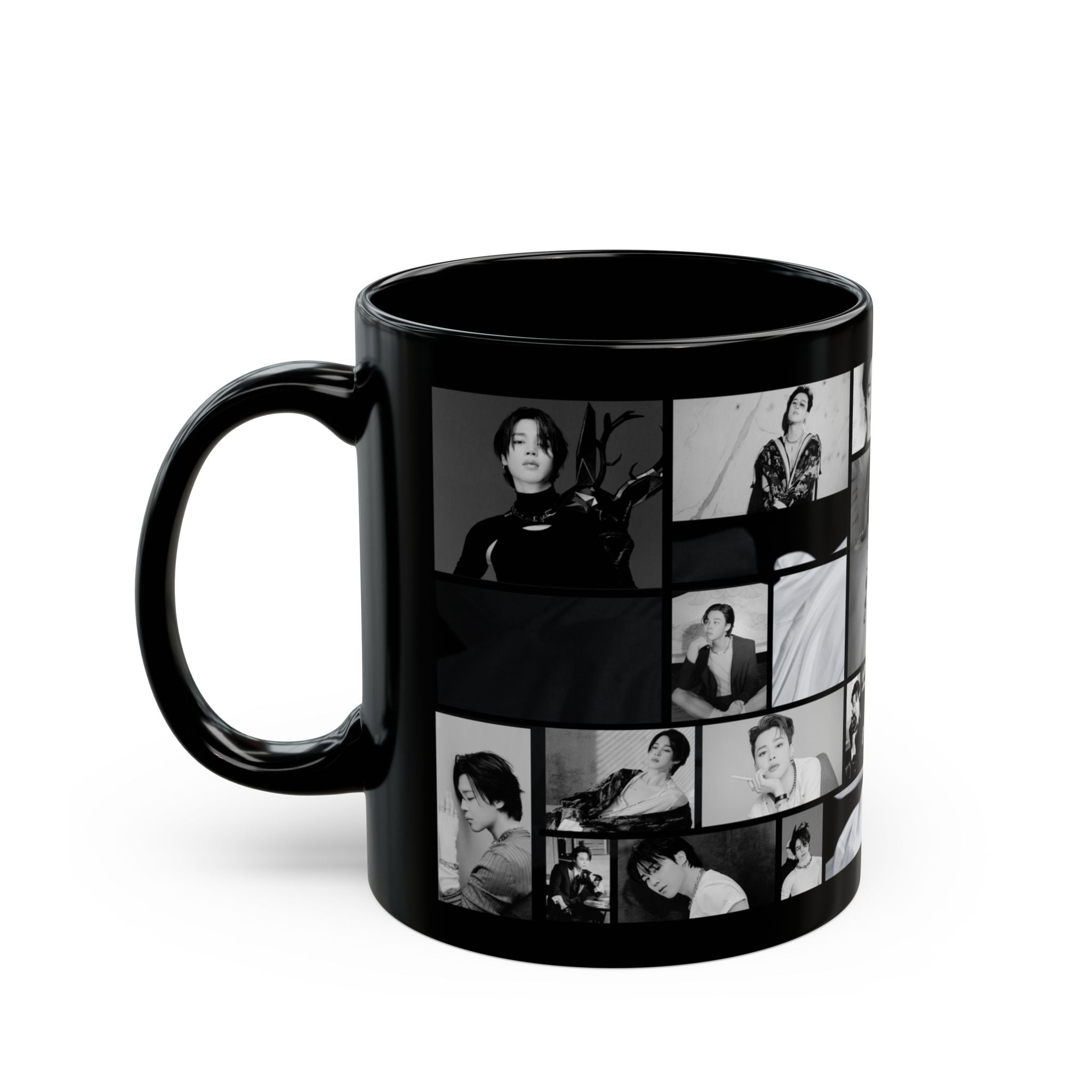 Black mug with collage of black and white images of Jimin from Bts on a white background