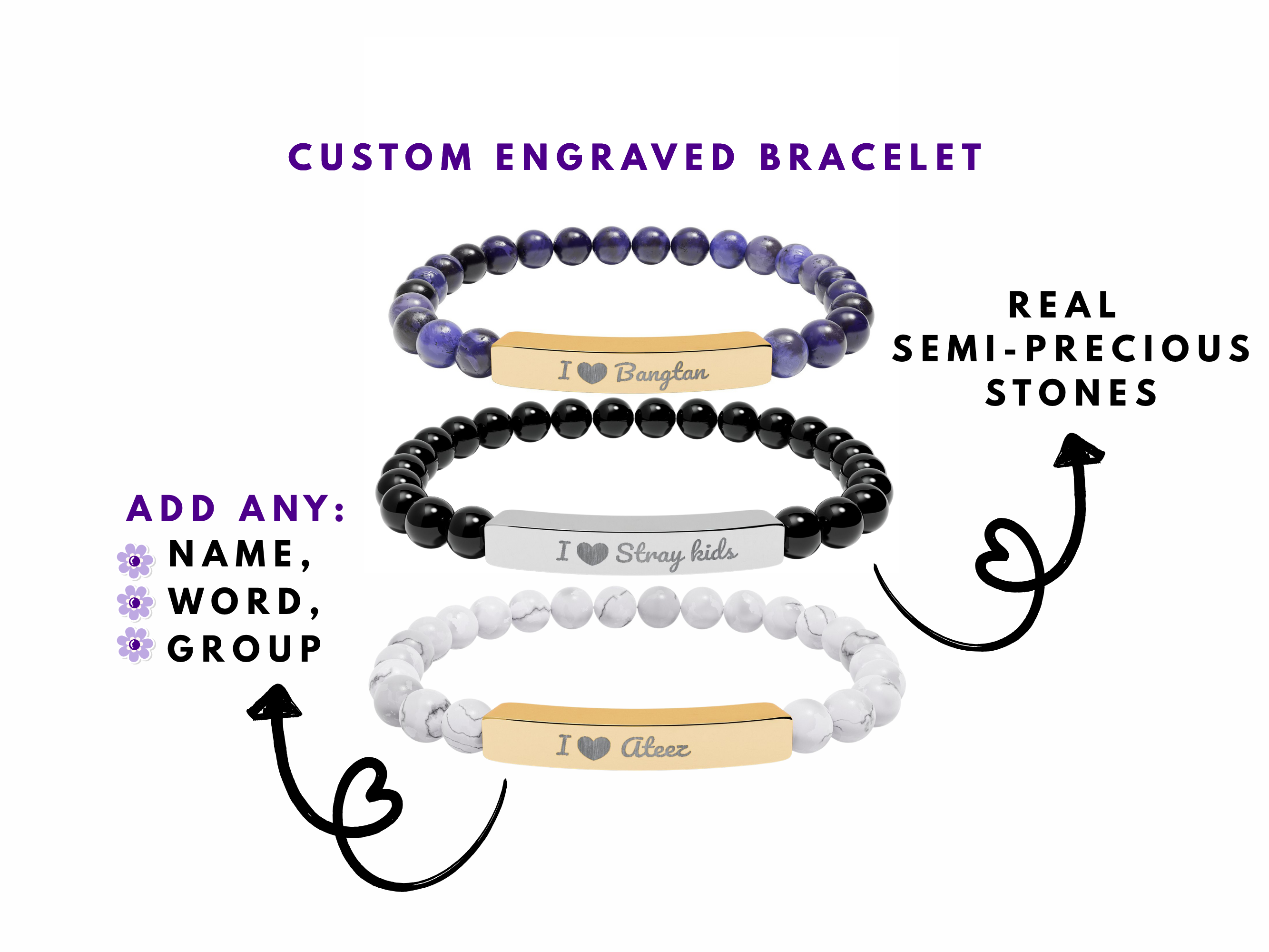 Custom Kpop engraved Bracelet ,Engraved Stainless Steel Bar