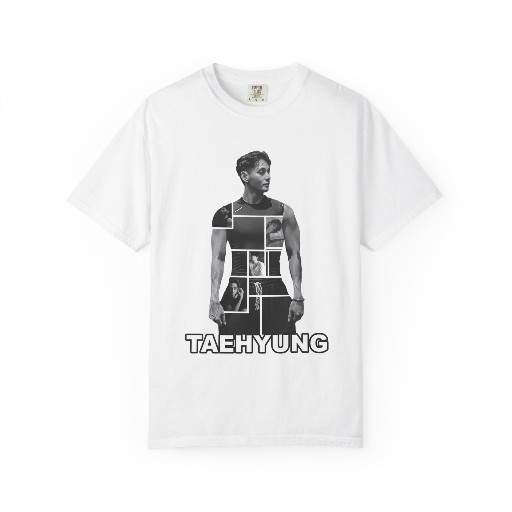 White t-shirt with black and white graphic design and 'TAEHYUNG' text on a white background