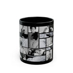 Black cylindrical mug with black and white photo collage of jimin of Bts on a white background