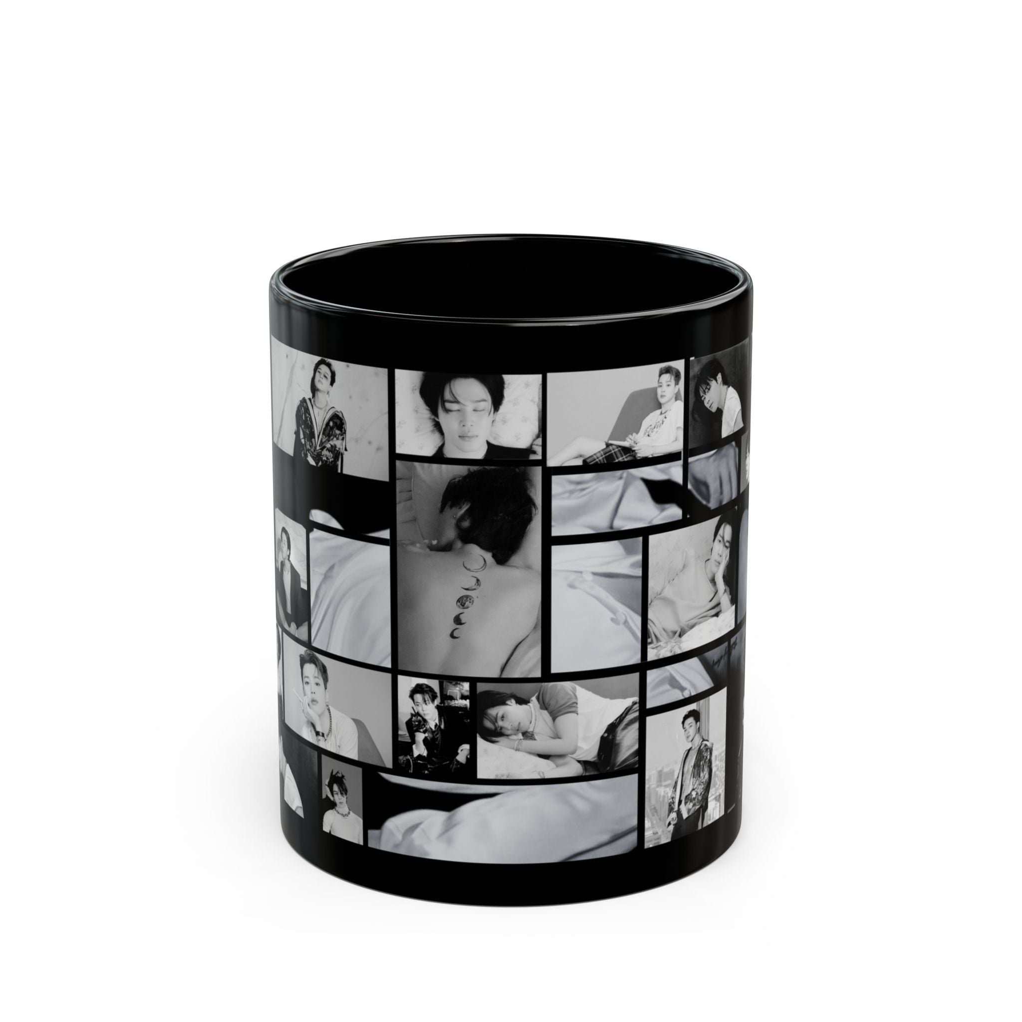 Black cylindrical mug with black and white photo collage of jimin of Bts on a white background