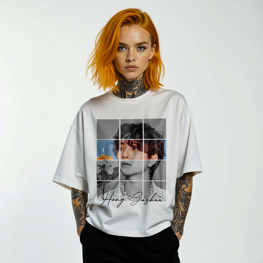 Person wearing a white t-shirt with a Joshua Hong of Seventeen graphic design and text on a plain background