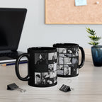 Two black mugs with photo collage of Jimin of bts design on a desk with office items.