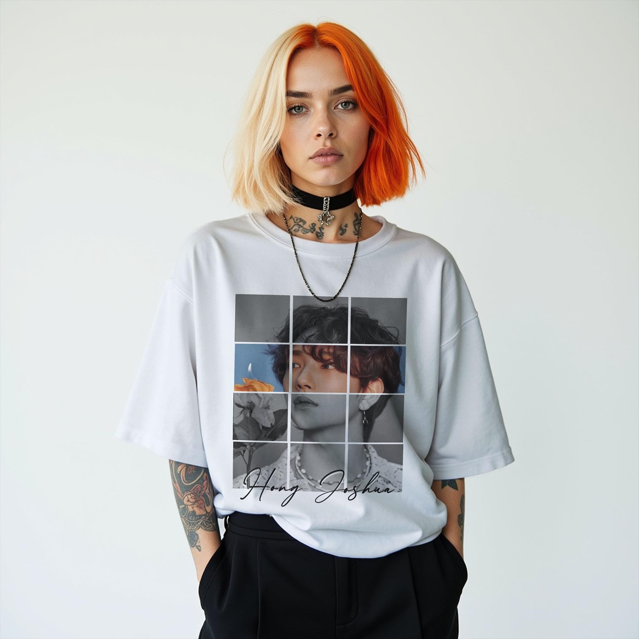 Person wearing a white t-shirt with a Joshua Hong of Seventeen graphic design and text on a plain background