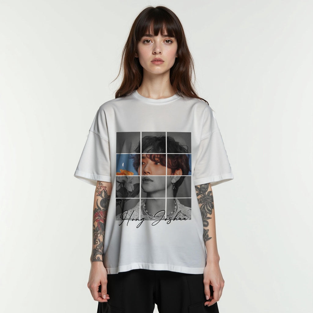 Person wearing a white t-shirt with a Joshua Hong of Seventeen graphic design and text on a plain background