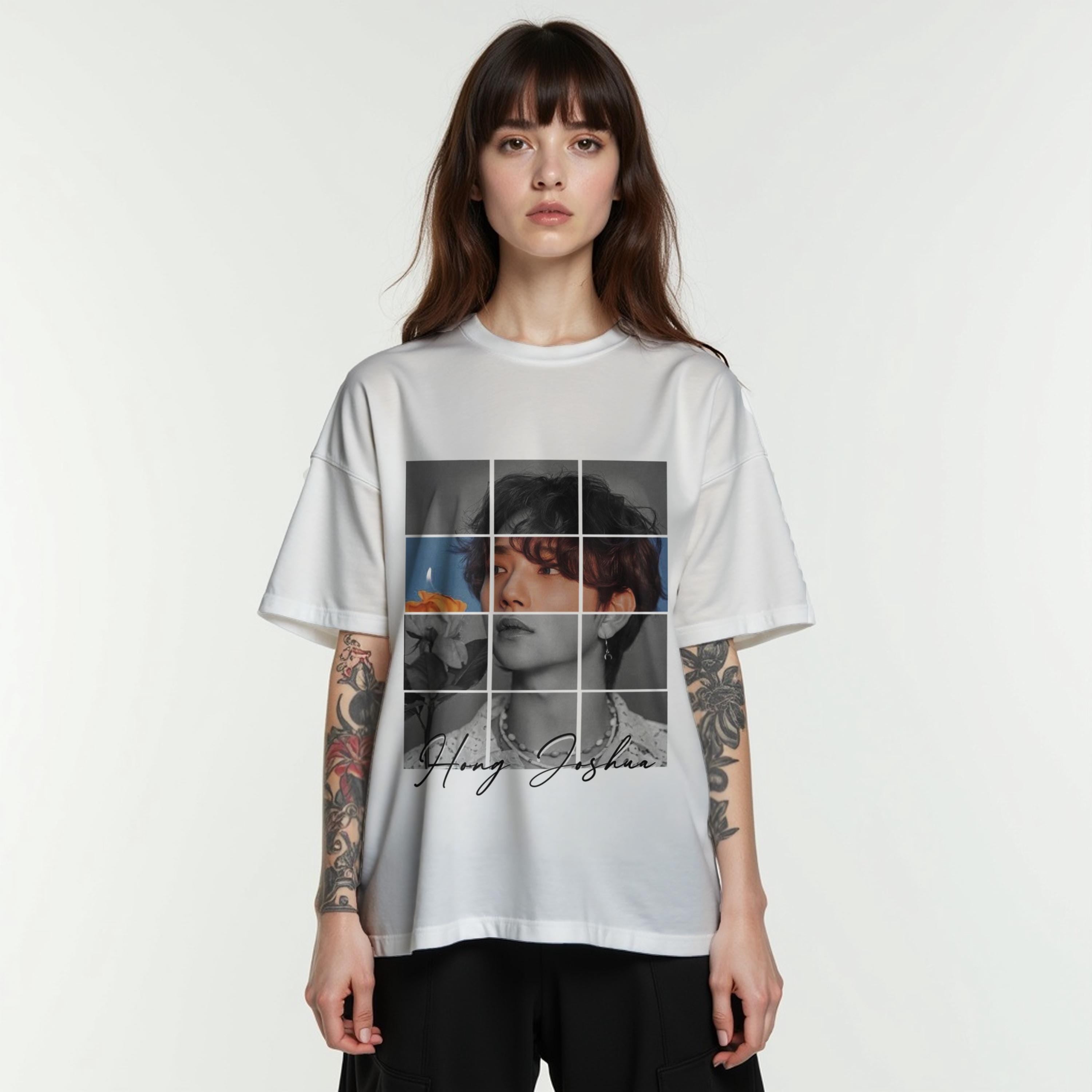 Person wearing a white t-shirt with a Joshua Hong of Seventeen graphic design and text on a plain background
