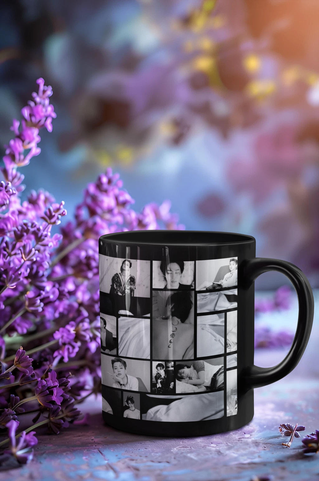Black mug with photo collage of Park Jimin of Bts on a surface with lavender flowers