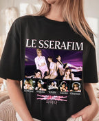 Black t-shirt with 'LE SSERAFIM' graphic design featuring members and text.