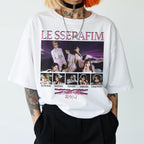 White t-shirt with 'LE SSERAFIM' graphic design featuring band members on a white background.